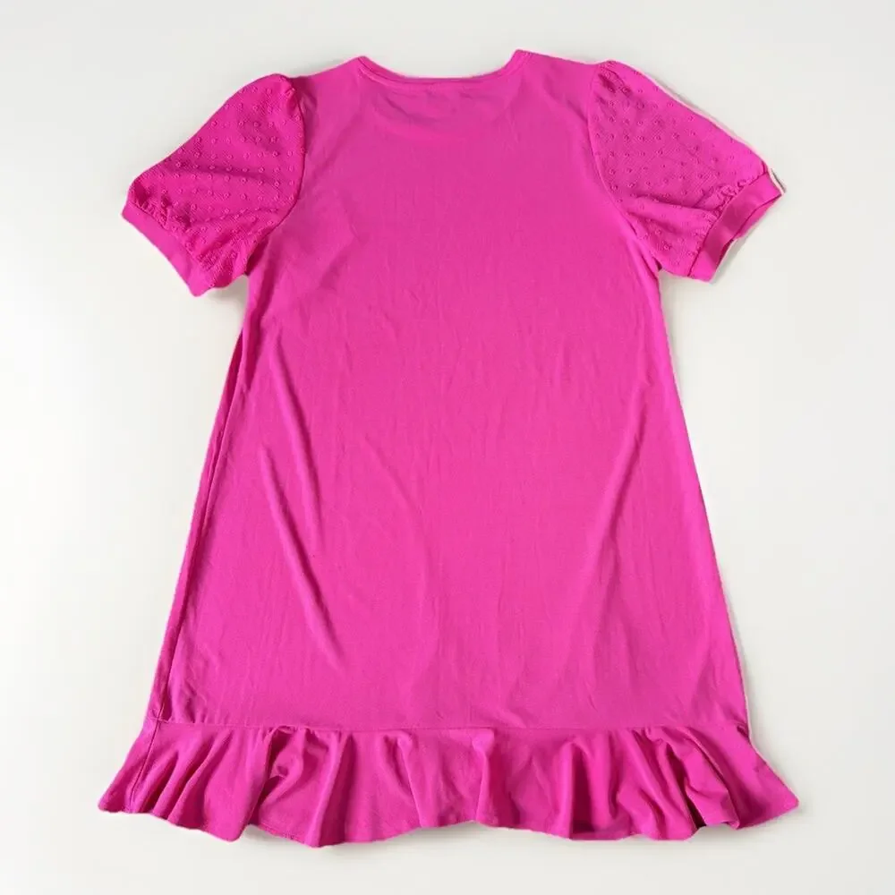 NWT CeCe Pink Dress L Ruffle Puff Sleeve Shift Barbiecore Dopamine Msrp 89.00